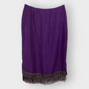Clio Silk Maxi Skirt | 12 | Royal Purple | Bead Fringe Jacquard Trim Boho Artsy